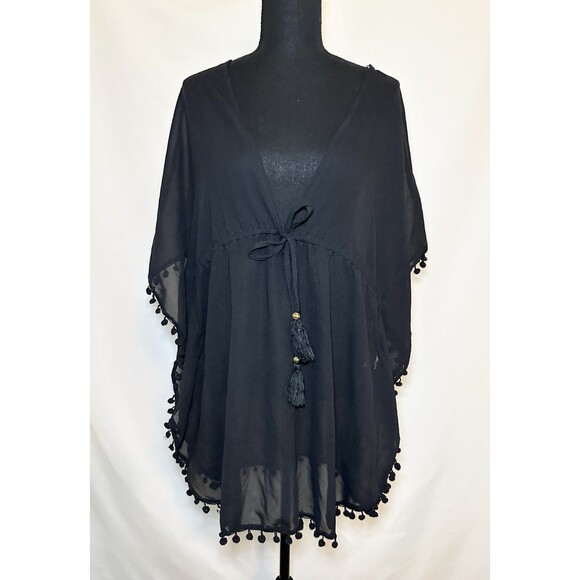 Club Z Collection Black Pom Pom Sheer‎ Swim Cover-Up Short Sleeve MEDIUM - Picture 1 of 13